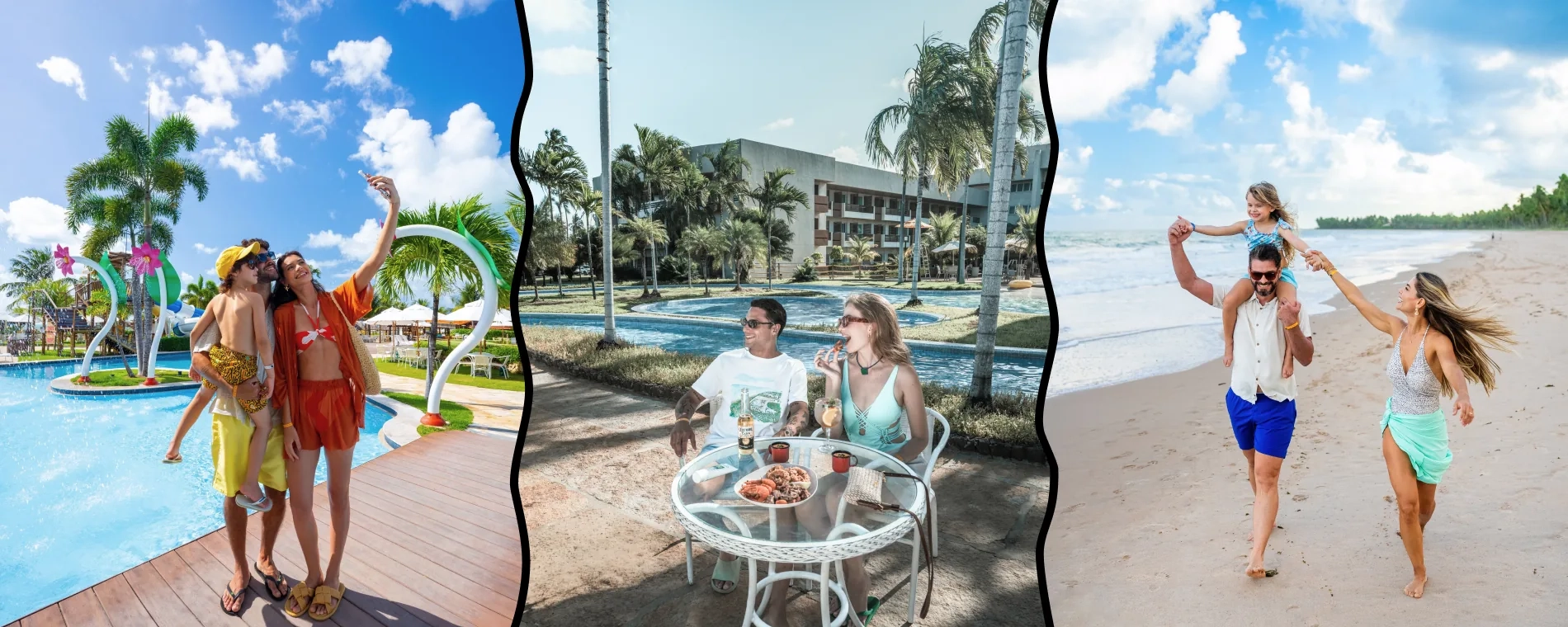 Família desfrutando refeição no Japaratinga Lounge Resort, casal caminhando em frente a praia do Salinas Maragogi e família brincando no parque infantil do Salinas Maceió, resorts all inclusive da Amarante.