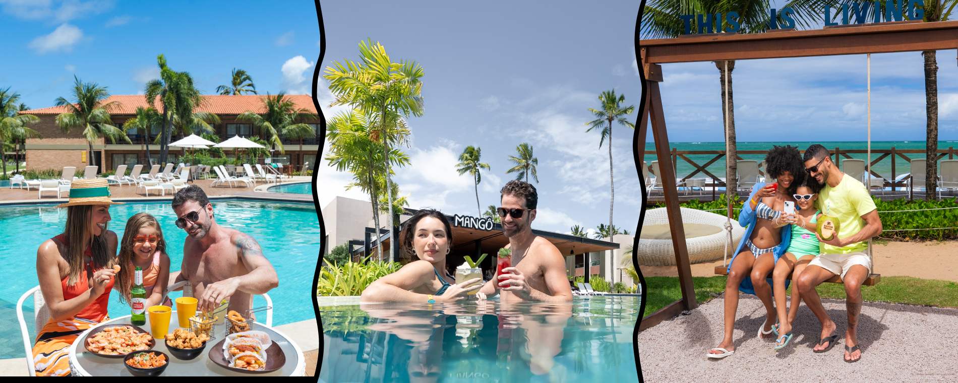 Família desfrutando refeição no Japaratinga Lounge Resort, casal caminhando em frente a praia do Salinas Maragogi e família brincando no parque infantil do Salinas Maceió, resorts all inclusive da Amarante.