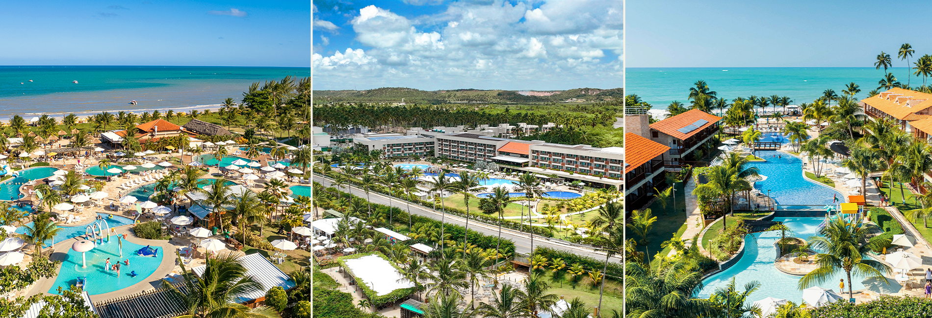 semana-do-consumidor-amarante Bloco formado por três imagens. Do lado esquerdo uma família feliz caminhando em ponte sobre a piscina infantil do Salinas Maragogi. No centro, um casal sentado em mesa branca desfruta de bebidas e petiscos ao lado da piscina do Verano no Japaratinga Lounge Resort. Do lado direito, família brinca em piscina infantil do Salinas Maceió.