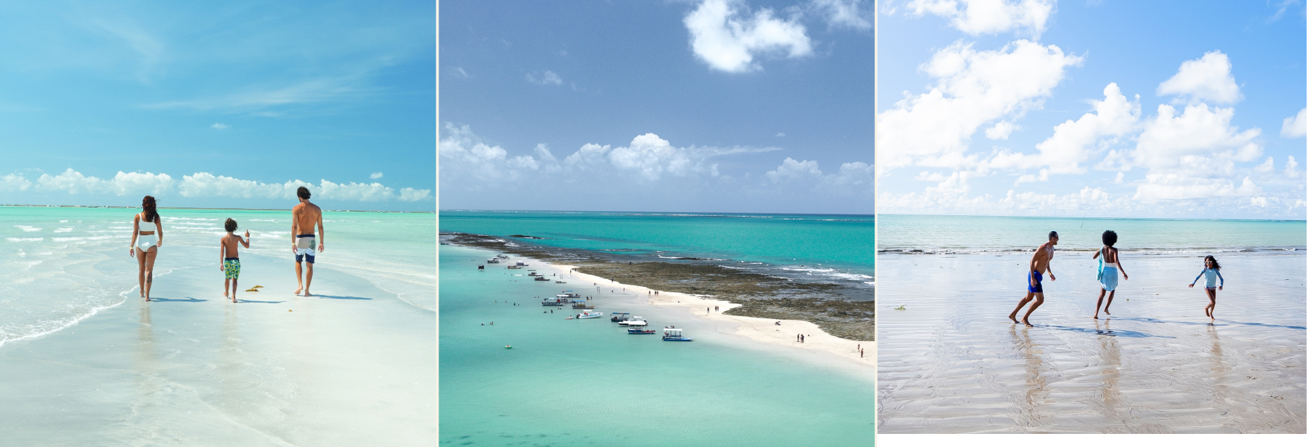 semana-do-consumidor-amarante Bloco formado por três imagens. Do lado esquerdo uma família feliz caminhando em ponte sobre a piscina infantil do Salinas Maragogi. No centro, um casal sentado em mesa branca desfruta de bebidas e petiscos ao lado da piscina do Verano no Japaratinga Lounge Resort. Do lado direito, família brinca em piscina infantil do Salinas Maceió.