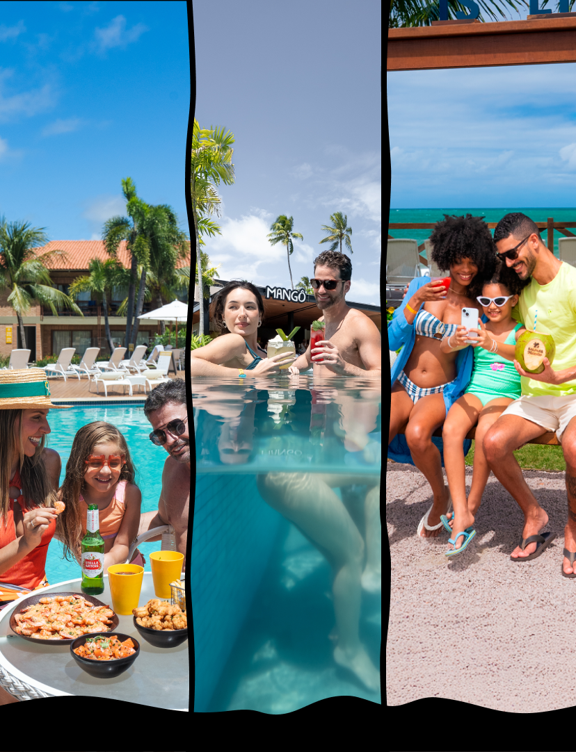 Família desfrutando refeição no Japaratinga Lounge Resort, casal caminhando em frente a praia do Salinas Maragogi e família brincando no parque infantil do Salinas Maceió, resorts all inclusive da Amarante.