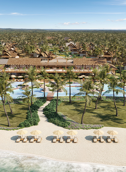 Vista aérea do 3D de Salg Patacho Exclusive Resort integrado à natureza.