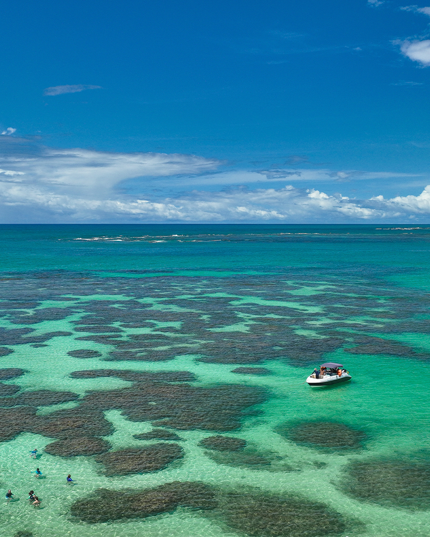 galés de maragogi Vista aérea das Galés de Maragogi com banhistas que aproveitam a água azul turquesa e recifes de corais e mais afastado uma lancha de passeio.